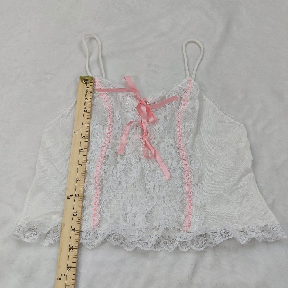 VINTAGE BABYDOLL TOP WOMENS WHITE LACE CROP LACE UP PINK RIBBON CAMISOLE SIZE M - Picture 3 of 6